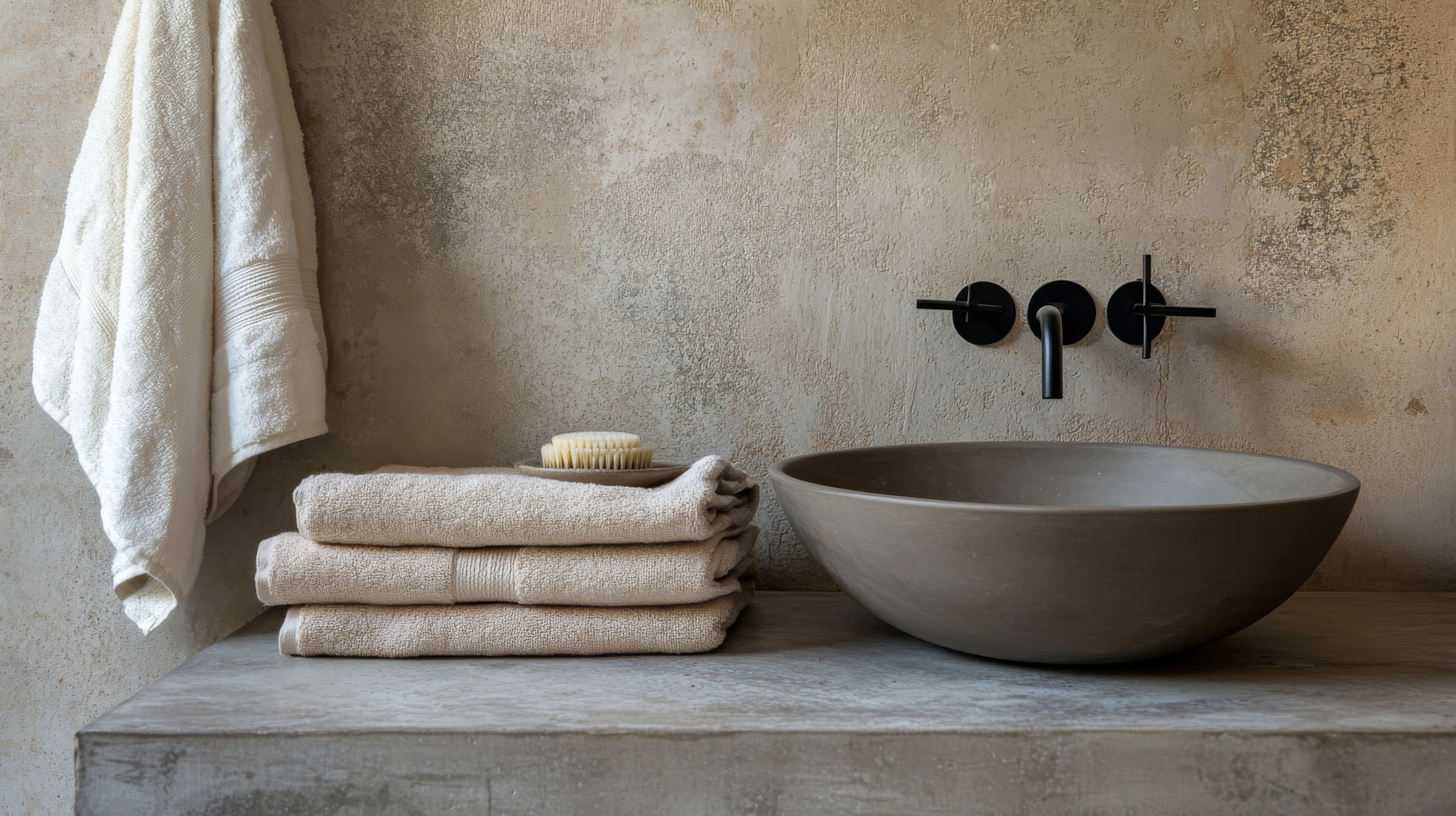 A luxurious bathroom features a round vessel sink with a sleek matte black faucet. Neatly folded towels add a touch of comfort to the minimalist design